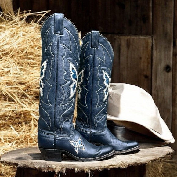 Women’s Size 6 C - Justin Vintage Tall Cowboy Western Boots Butterfly Inlays - Picture 3 of 6